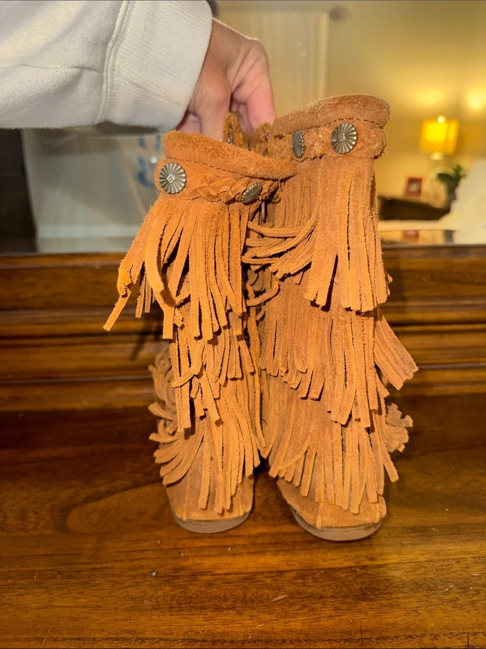 Minnetonka Suede Fringe Moccasin Boots - Rust Tan
